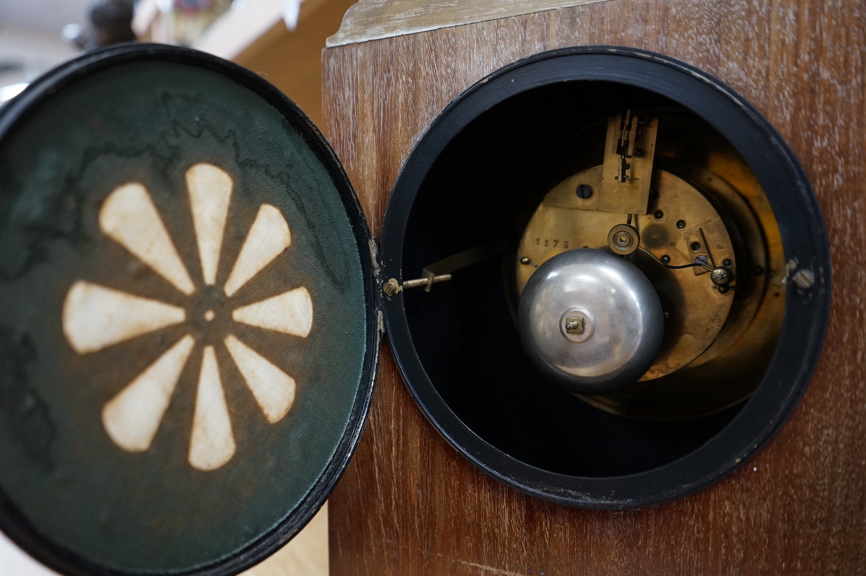 A mahogany mantel clock, with enamel dial visible Brocot escapement, 33cm high. Condition - fair, untested
